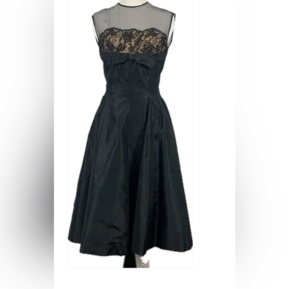 Vintage 1950’s Black Taffeta Lace And Sheer Mesh Cocktail Dress